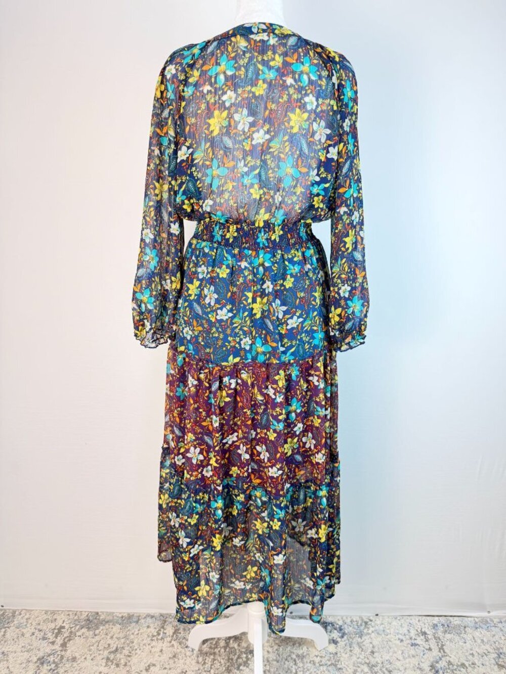 Fig And Flower Womens M Blue Floral Paisley Maxi Dress Boho Long Sleeve - Picture 3 of 16